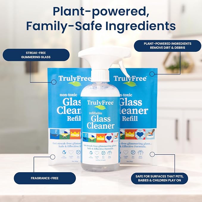 Truly Free Natural Glass Cleaner Kit - Removes Dirt & Debris for Sparkling Clean Windows & Glass Surfaces at Home, Office & Garage, Includes 16 oz Reusable Empty Bottle + Two Fills, 3 oz ea.