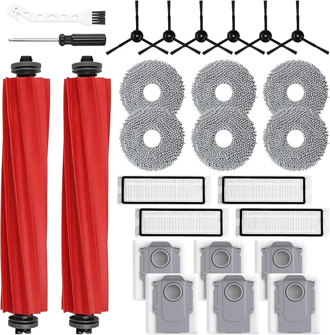 26 Pack Replacement Accessories for Roborock Q Revo Robot Vacuum | 【Not for Qrevo S/Pro/Plus/MaxV】2 Main Brush 6 Side Brush 4 HEPA Filter 6 Mop Pads 6 Dust Bags 1 Cleaning Brush 1 Screwdriver