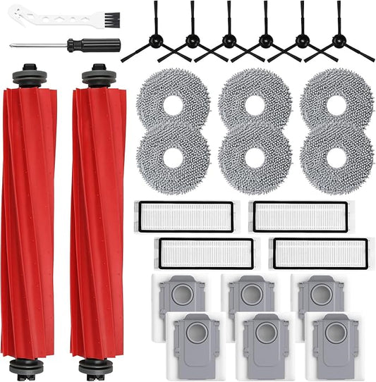 26 Pack Replacement Accessories for Roborock Q Revo Robot Vacuum | 【Not for Qrevo S/Pro/Plus/MaxV】2 Main Brush 6 Side Brush 4 HEPA Filter 6 Mop Pads 6 Dust Bags 1 Cleaning Brush 1 Screwdriver