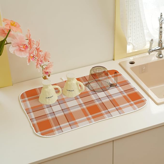 Fall Dish Drying Mat 18x24 Inches For Kitchen Counter Orange Plaid Kitchen Decoration Drying Mat Decorative Autumn Thanksgiving Drying Pad for Home Kitchen,Dining Room,Office Decor