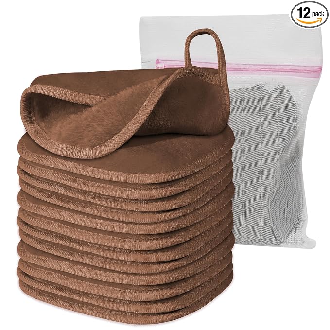 Natwag Makeup Remover Cloth, 6" x 6" Make Up Towels Reusable Face Cloth for Washing Face, Makeup Remover Pads Microfiber Face Washcloth with Mesh Bag, Just Water, 12 Pack, Brown