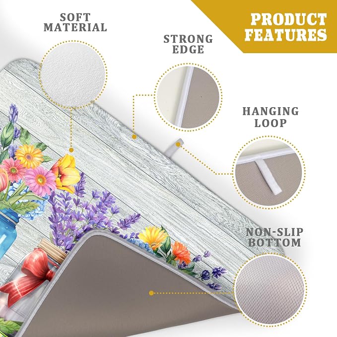 Kawani Spring Summer Flowers Dish Drying Mat for Kitchen Counter 16"x18" Spring Floral Jars Drying Mat Soft Absorbent Microfiber Farmhouse Colorful Floral Dish Drainer Rack Mats for Counter tops