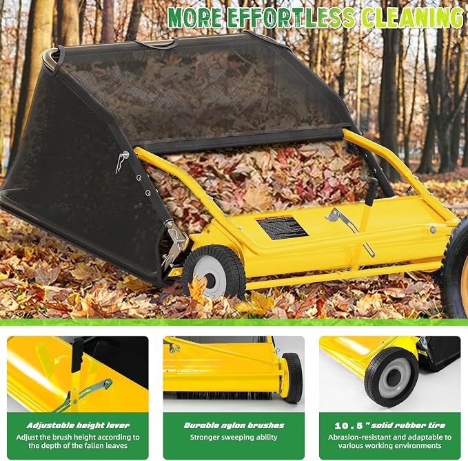 42" Lawn Sweeper Tow Behind, Pull Behind Lawn Sweeper with 18.55 cu. ft Large Hopper, Heavy Duty Leaf & Grass Collector, Adjustable Brush Height Lever and Dumping Rope, Lawn and Yard Cleanup Tool