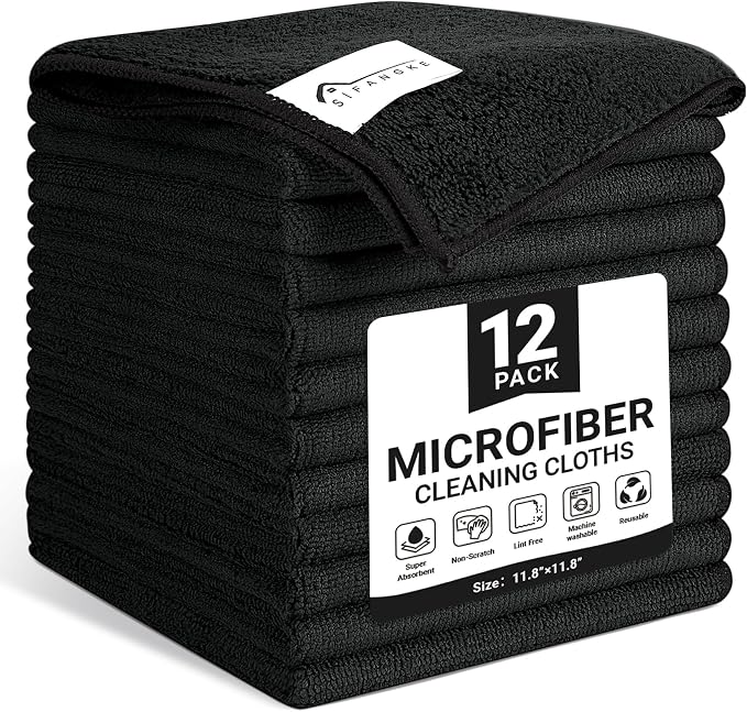 SIFANGKE Microfiber Cleaning Cloth, 12 Pack Lint-Free and Highly Absorbent Rags, Black Reusable Microfiber Towels for Car, Kitchen, Bathroom and Household Cleaning Supplies, 11.8"X11.8"