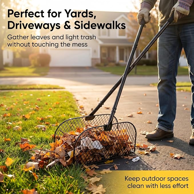 Long Handle Metal Leaf Grabber Rake, Lightweight Leaf Collector for Yard Work, No Bending, Easy Assembly, Labor-Saving Leaf Grabber for Lawn Shrub Debris, Grass & Yard Garbage Cleaning