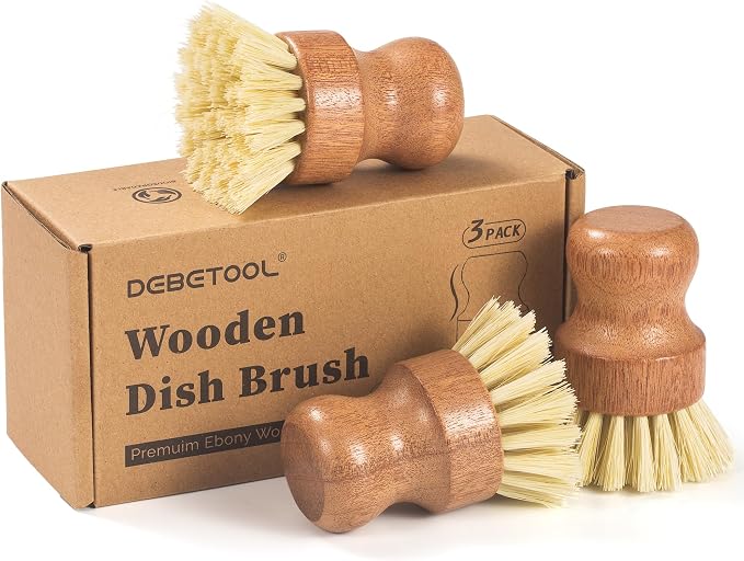 DEBETOOL 3-Pack Wooden Dish Brush - Natural Dish Scrubber & Vegetable Brush with Sisal Bristles, Kitchen Scrub Brush for Pots Pans & Vegetables