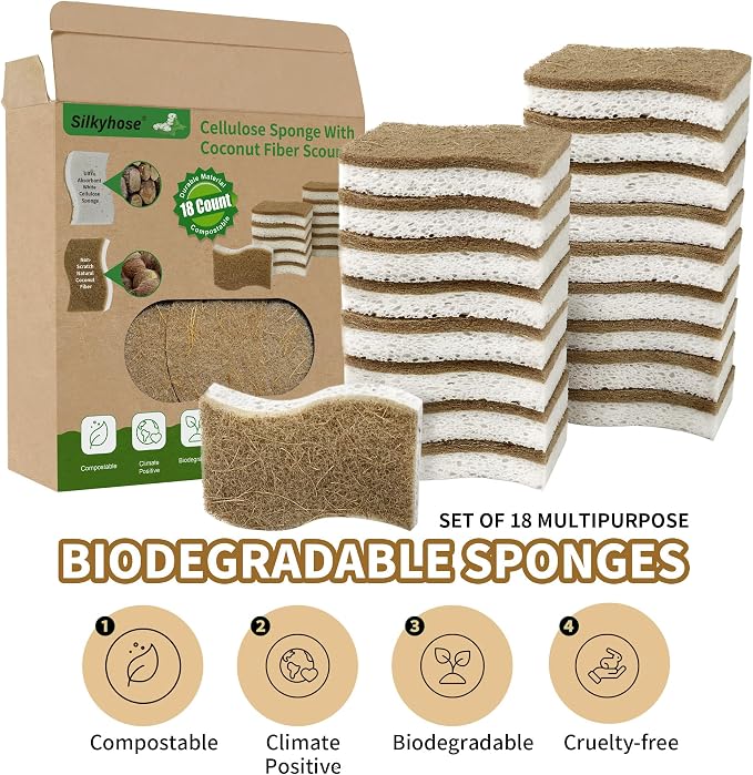 18 Pack Natural Kitchen Sponges, Biodegradable & Compostable | Non-Scratch Cellulose Coconut Fiber Sponges for Dishes, Pots & Pans | Eco-Friendly Cleaning Sponge (18)