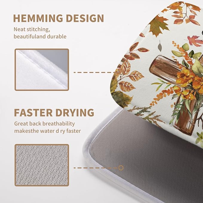 Fall Drying Mat for Kitchen Counter Autumn Thanksgiving Pumpkin Cross Dish Mat Sunflower Maple Leaf Absorbent Microfiber Dish Draining Mat Reusable Dishes Pad Medium 16"x18"
