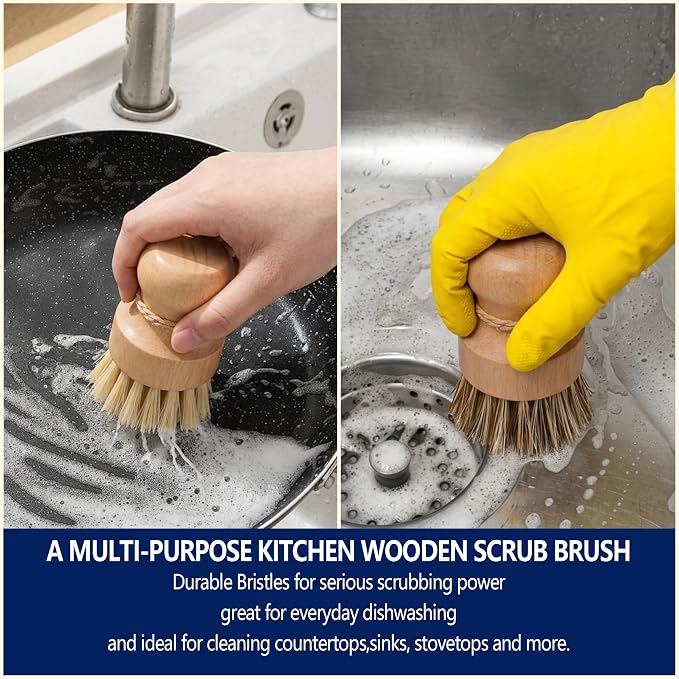 Dish Brush Set, Natural Fiber Kitchen Scrubber with Ergonomic Grip, Wooden Handle, 3 Pack