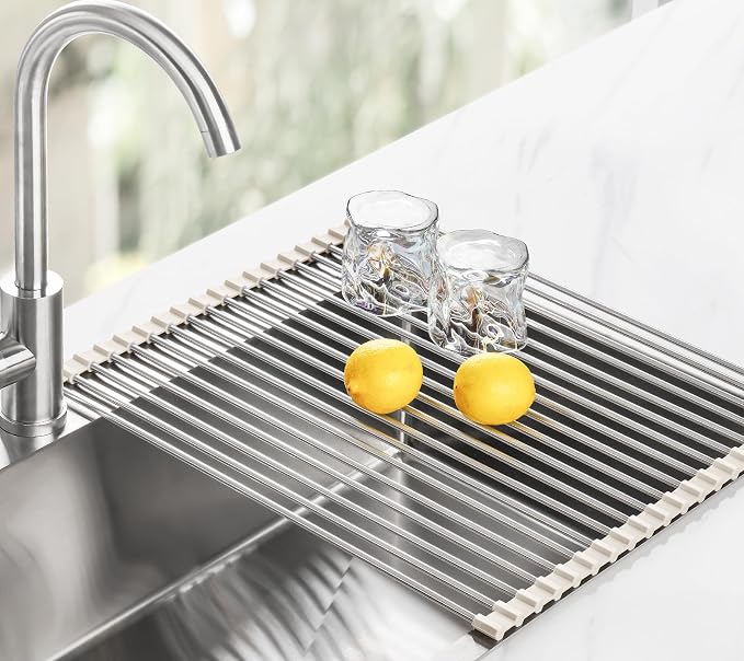 Tomorotec 21" x 15.5" Roll Up Dish Drying Rack Over Sink Drying Rack Sink Cover Kitchen Sink Accessories Gadget Multipurpose Organizer Foldable Stainless Steel Drainer