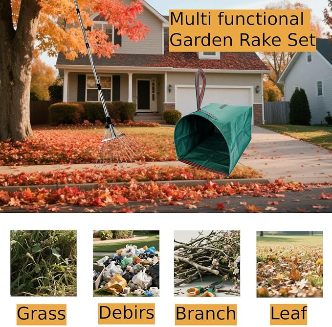 RISETEX Leaf Rake with 53 Gal Leaf Bags, Expandable Heavy Duty Metal Set | Dustpan-type Yard Waste bags, long steel handle Rake for leaves, for lawns, shrubs, grass, yard cleanup, gardening