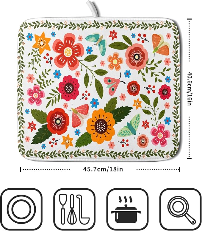 Colorful Boho Floral Dish Drying Mat 16x18 Inch Dishes Dry Pad Drainer Rack Mats Absorbent Hanging Loop Kitchen Counter Bar Accessories