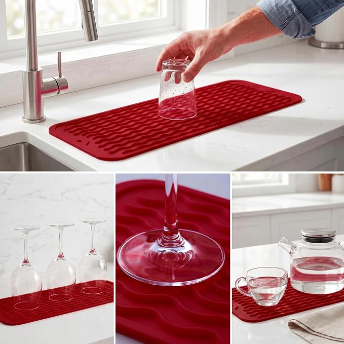 MicoYang Silicone Dish Drying Mat for Multiple Usage,Easy clean,Eco-friendly,Heat-resistant Silicone Mat for Kitchen Counter,Sink,Bar,Bottle,or Cup Red M 17 inches x 6 inches