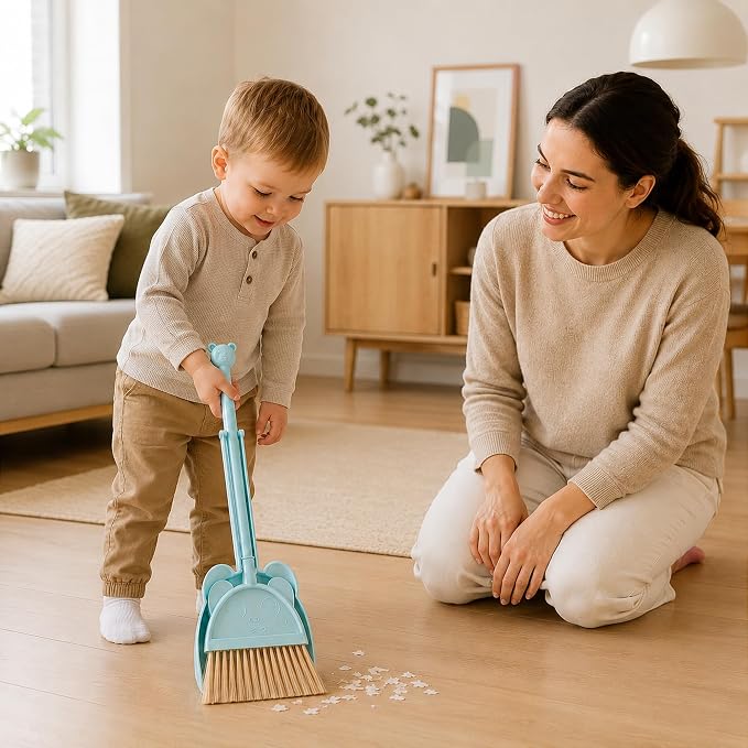 Kids Broom and Dustpan Set, Mini Toddler Broom for Pretend Play Cleaning, Child-Sized Little Housekeeping Helper Set, Blue