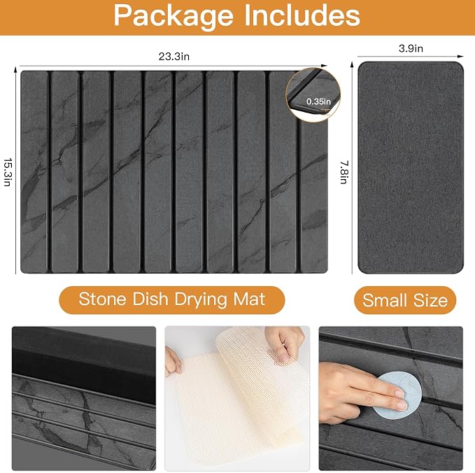 Stone Dish Drying Mat for Kitchen - Upgrade Counter Mats Quick Dry | Foldable Design, Super Absorbent, (24"×16"/ 8"x4" ) , for Dishes Cups , No Water Stains, Core Material Upgrade, Gray