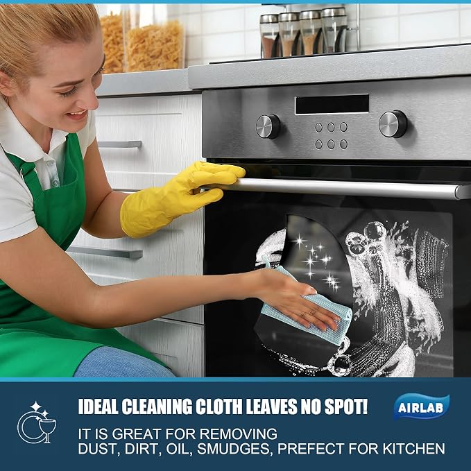 Airlab Glass Polishing Streak Free Miracle Cleaning Cloth, Grey & Blue | Lint Free Microfiber Cleaning Rags for Glasses Kitchen Dish Mirrors Easy Clean, 16 x 12 Inches, Pack of 8