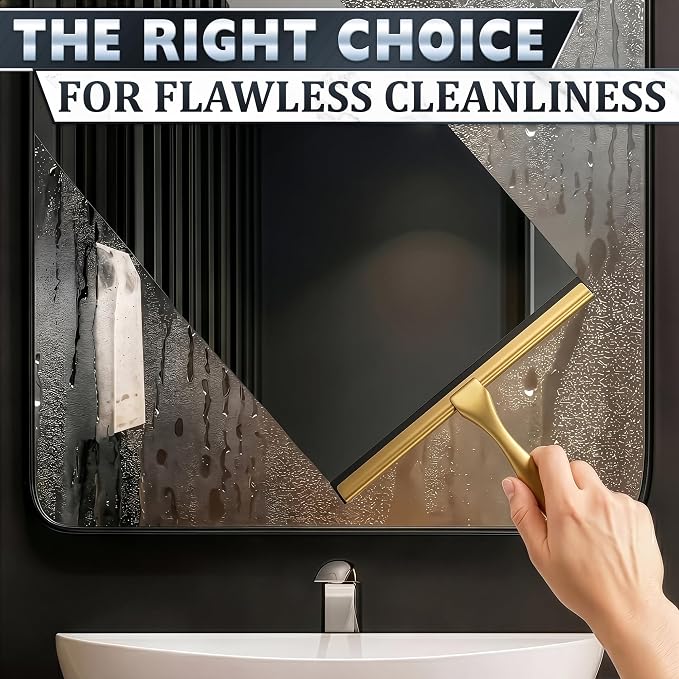 Gold Squeegee for Shower Glass, 10" Silicone Blade, Stainless Steel | Shower Door Squeegee with Hook, Adhesive Mount; All-Purpose Bathroom Tile, Mirror, & Window Wiper for Streak-Free Cleaning