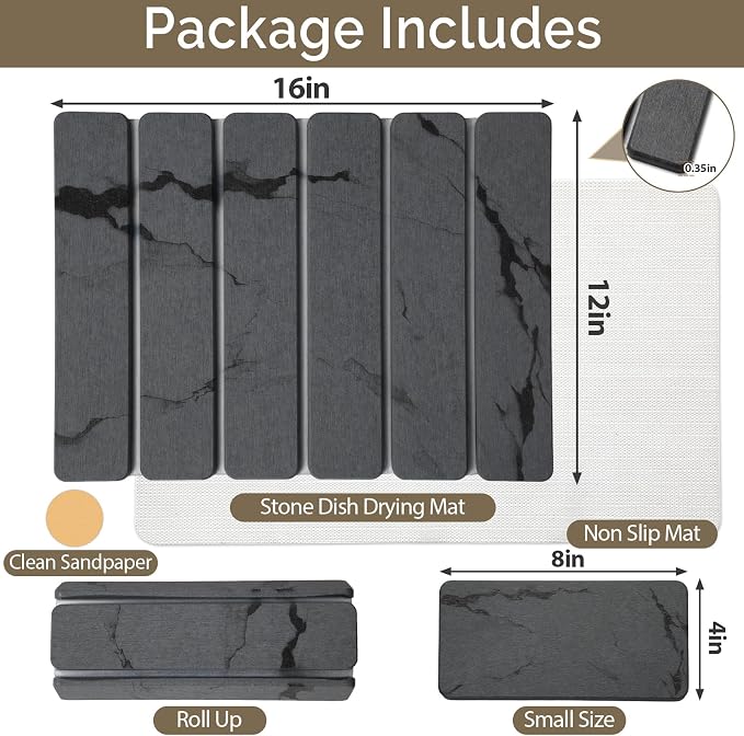 Large Stone Dish Drying Mat for Kitchen Counter, 2PCS Quick Dry Stone Dishes Mat,Foldable Water Absorbing Diatomaceous Drying Organizer Pad for Plate Rack Bottles Utensils(Dark Gray 16"x12" & 8“x4")