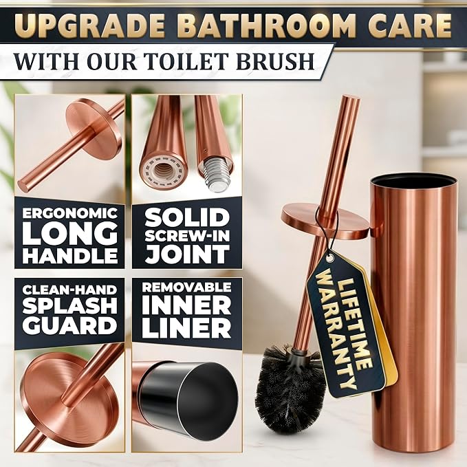 Bronze Toilet Brush and Holder Set - Upgrade Your Bathroom in Seconds - Rust Resistant Stainless Steel Toilet Bowl Brush and Holder with Replaceable Head, Removable Inner Bowl & Splash Guard Cover