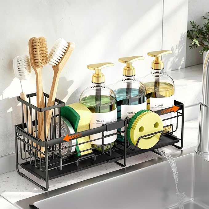 spospo Extendable Sponge Holder for Kitchen Sink, Extra Large Adjustable Length Sink Caddy Organizer with High Brush Holder, Self-Draining Countertop Organizer