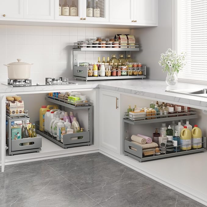 Under Sink Organizer Upgrade To Professional Rails,2-Tier Dual Pull Out Cabinet Storage,Height Adjustable Slide Out Drawers For Bathroom Kitchen,2 Pack-21"Dx12.8"-16.9"H,Gun Gray