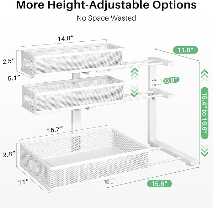 Kitstorack Under Sink Organizer, 1-Pack 3-Tier Height Adjustable Thickened Metal Pull out Cabinet Organizer Shelf, Slide out Storage Drawer Rack for Bathroom Kitchen Pantry Home Laundry Organization