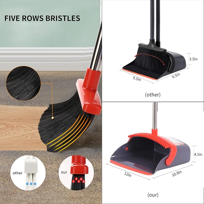 Broom and Dustpan Set 52-in Long Adjustable Handle Broom Dustpan Combo | Upright Dustpan with Teeth to Automatically Clean Hair, Suitable for Home Kitchen Office Hall Floor Lobby(Purple&Red)