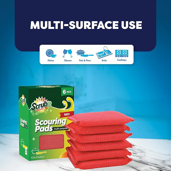 SCRUBIT Multi-Purpose Scouring Pad - Non-Scratch Cleaning Sponges for Pots, Pans, Dishes, Utensils & Non-Stick Cookware - Scrubbing Pads Use for Kitchen, Bathroom - 6 Pack Dish Sponge- (Red)