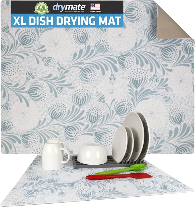 Drymate Jumbo XL Dish Drying Mat (19”x24”), Low-Profile, Super Absorbent, Quick Dry Fabric, Waterproof & Slip-Resistant, for Kitchen Counter, Trimmable, Easy to Clean (USA Made)(Light Blue)