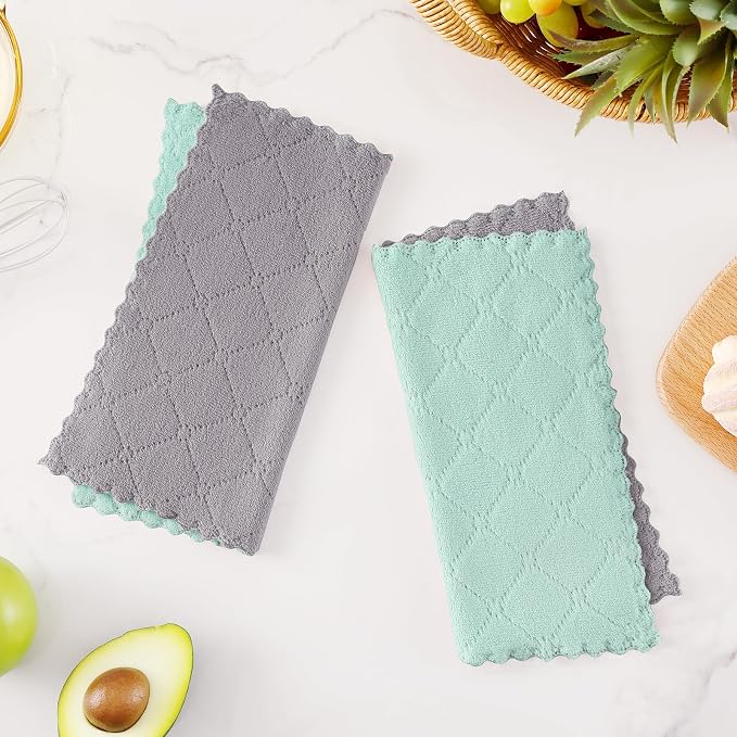 Homaxy 12 Pack Kitchen Cloths Dish Towels (10" x 10", Grey & Green), Super Soft and Absorbent Dish Cloths, Coral Velvet Microfiber Cleaning Cloth, Nonstick Oil Fast Dry Dishcloths