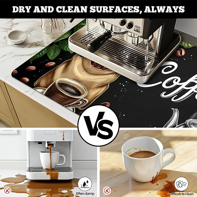 Dish Drying Mat Large Coffee Mat Absorbent Drying Mat for Kitchen Counter Coffee Bar Accessories 32"x 17", Coffee Leaves