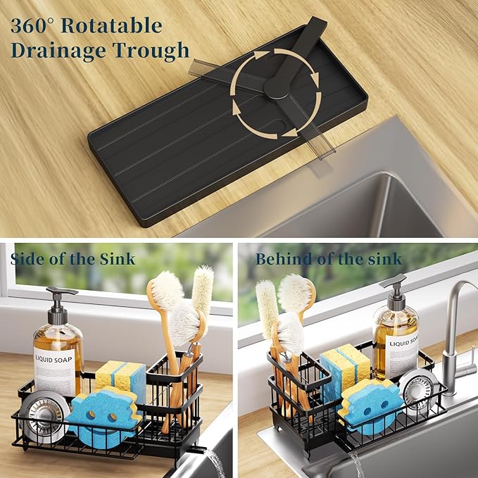 Consumest Sponge Holder for Kitchen Sink - Auto Draining Sink Caddy Organizer with Detachable Rack, High Brush Holder, Kitchen Countertop Storage Accessories, Black