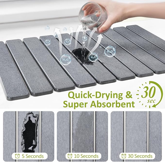 Large Stone Dish Drying Mat for Kitchen Counter, 24"(L)×16"(W), Collapsible Quick Dry Stone Dish Mats, Super Absorbent Diatomaceous Earth Drying Pad for Dishes Bottles Cups, Countertops (Light Grey)
