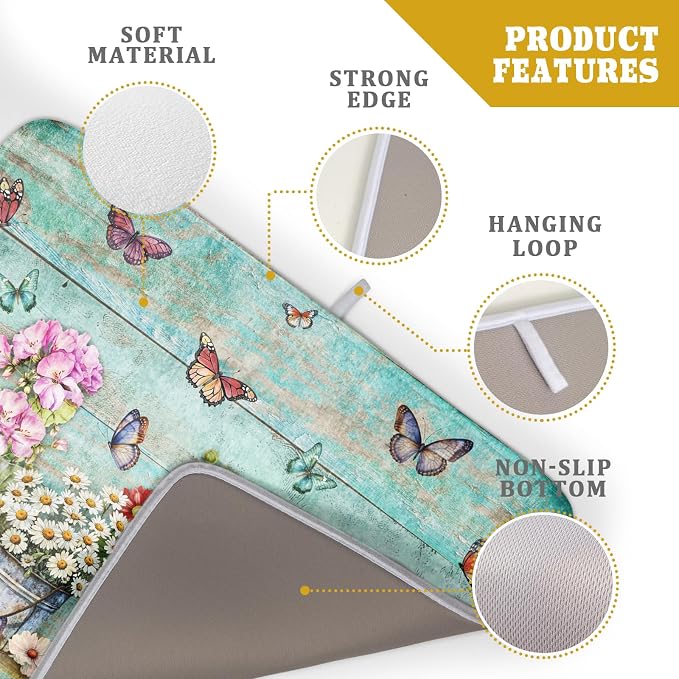 Spring Floral Rustic Dish Drying Mat for Kitchen Counter Absorbent Microfiber Large Drying Pad 18 x 24 Inch Flowers Jars