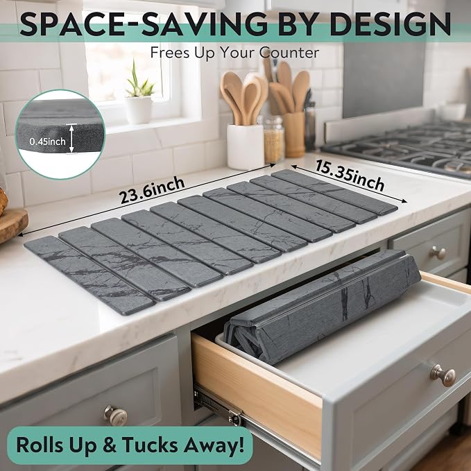 Stone Drying Mat for Kitchen Counter, Quick Diatomaceous Earth Mats for Dishes, Super Absorbent Fast Drying Collapsible Countertop Stone Mat , for Dishes Bottles Cups Bathroom ,24"(L)×16 (W)