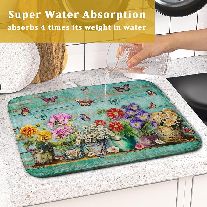 Flower Dish Drying Mat for Kitchen Counter 16x18 Inch Rustic Vintage Microfiber Absorbent Dishes Drainer Mats
