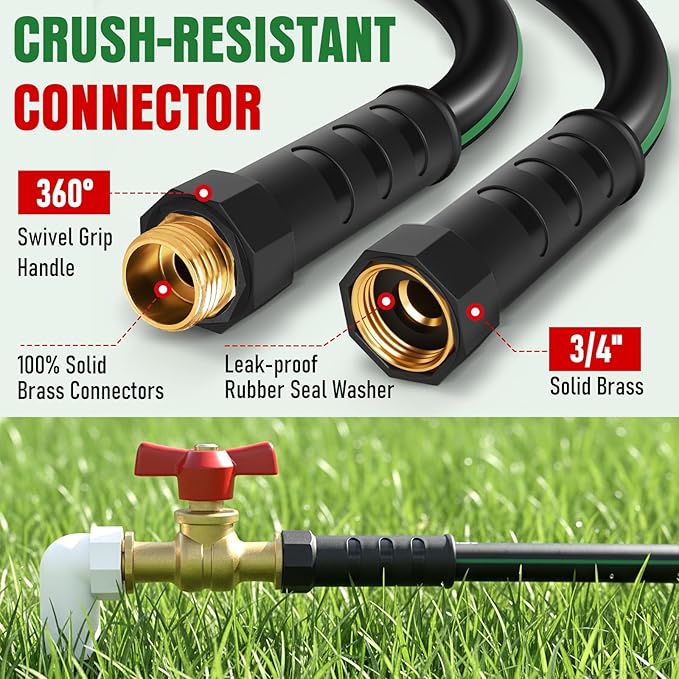 Garden Hose 25 ft x 5/8" with Nozzle, Water Hose Heavy Duty Flexible, Lightweight Kink-less Hybrid Hose with Swivel Handle, Male to Female Fittings