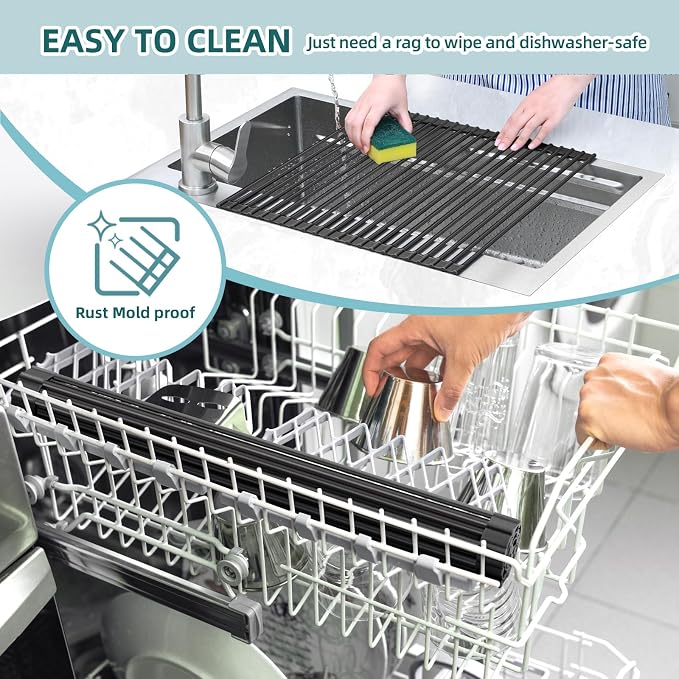 Ohuhu Over The Sink Dish Drainer Drying Rack, 17.6" W x 15.4" L Roll Up Dish Racks Kitchen Sink Organizer Silicone Wrapped Large in Sink Dish Drying Rack Foldable Rolling Drain Mats Anti-Slip