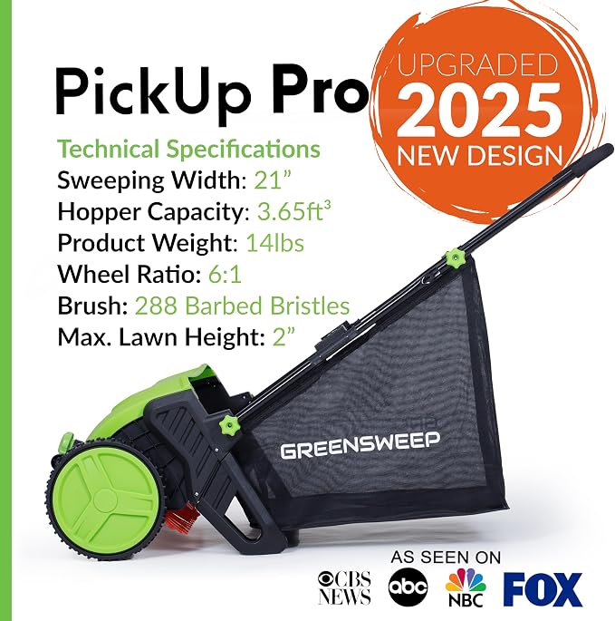 GreenSweep Pickup Pro V26 with AntiLock Drive – Push Lawn Sweeper for Leaves, Grass Clippings & Garden Debris – Large Capacity Hopper