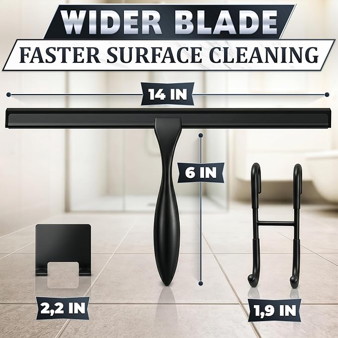 Black Squeegee for Shower Glass, 14" Silicone Blade, Stainless Steel | Shower Door Squeegee with Hook, Adhesive Mount; All-Purpose Bathroom Tile, Mirror, & Window Wiper for Streak-Free Cleaning