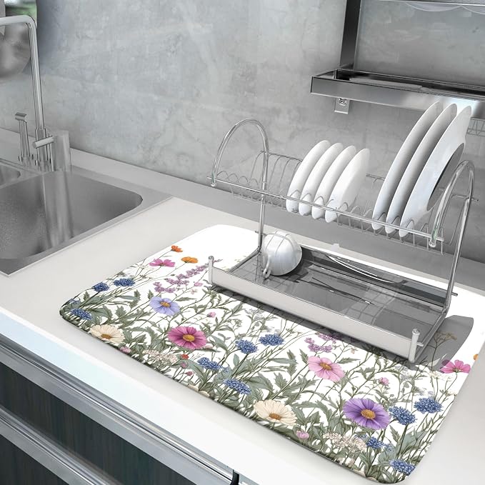 Giwawa Flower Herbs Dish Drying Mat Botanical Plant Dishes Drainer Mat 18x24 inch Reversible Microfiber Drying Dish Pad for Kitchen Counter Decor