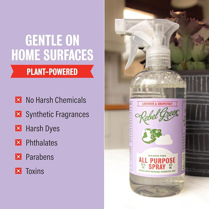 Rebel Green Natural All-Purpose Cleaning Spray - Plant-Derived Multi-Surface Cleaner with Essential Oils for Kitchen, Bath, Countertops and More - Lavender & Grapefruit Scent - 16 oz - 2 Pack