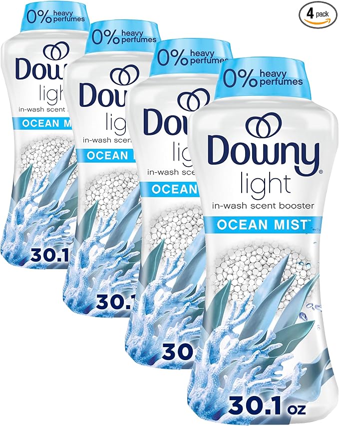 Downy Light Laundry_Scent Booster Beads, Ocean Mist Scent, 30.1 OZ, In-wash fabric beads designed to be gentle with a light boost of scent, No Heavy Perfumes (Pack of 4)