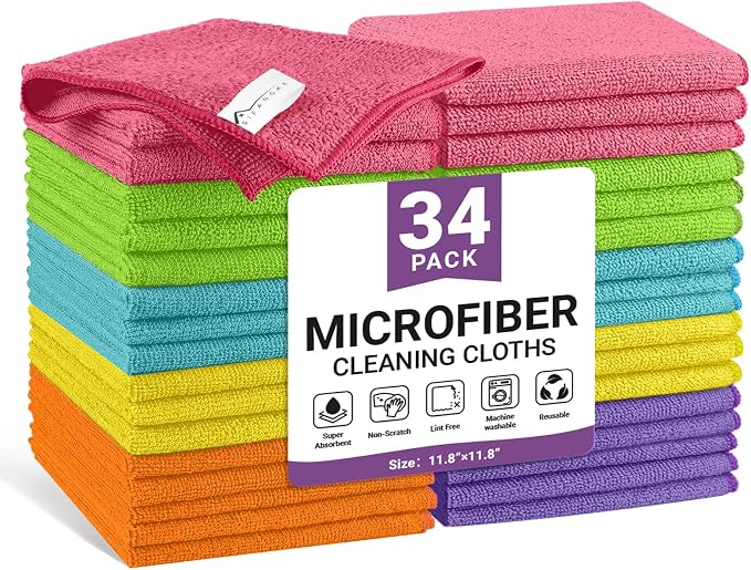 34 Pack Microfiber Cleaning Cloth, 6 Assorted Colors Cleaning Rags for Housekeeping, Colorful Reusable Microfiber Towels for Car, Kitchen, Bathroom and Household Cleaning Supplies, 11.8"X11.8"