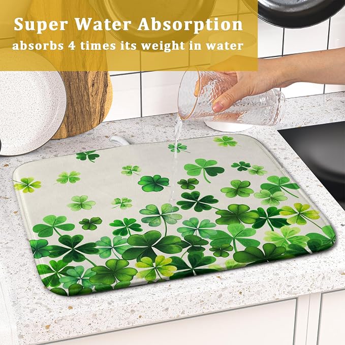 Spring Sage Green Shamrocks Drying Mat 16x18 Inch St. Patrick's Day Irish Shamrock Clover Dish Rack Pad Super Absorbent Dish Drainer Mat Dish Drying Pad Mats Protector for Kitchen Counter Coffee Bar