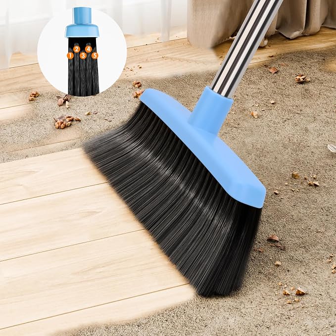 Broom and Dustpan Set 52-in Long Adjustable Handle Broom Dustpan Combo | Upright Dustpan with Teeth to Automatically Clean Hair, Suitable for Home Kitchen Office Hall Floor Garden Lobby (Blue)