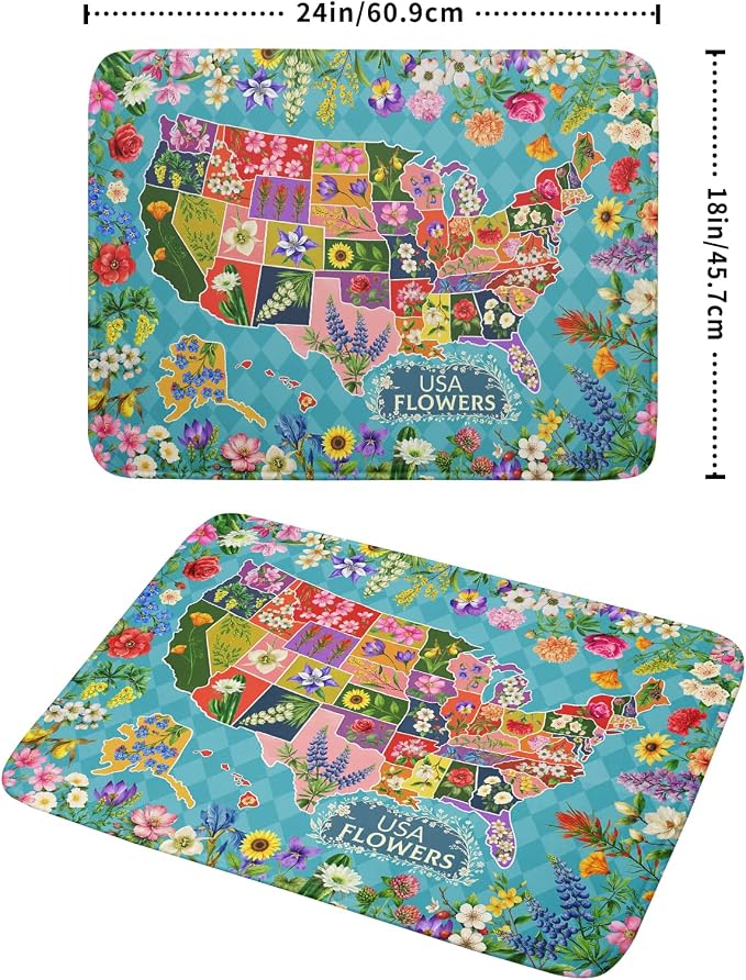 Flower Map Dish Drying Mat Colorful Floral Microfiber Large Dish Drying Pad for Kitchen Counter 18 X 24 In