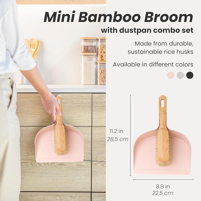 Vigar Zeroline Mini Bamboo Broom with Dustpan Combo Set, Pink | Small Dust Pan and Brush Set, for Dust, Pet Hair, Car, and Crumb, House, Kitchen Broom