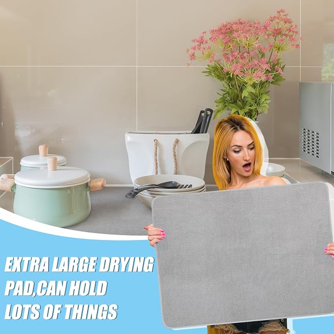 Hushee 2 Pack Extra Large Dish Drying Mat Microfiber Absorbent Dish Drying Pad Large Size Dishes Drainer Mats for Countertop, Sink, Refrigerator or Dryer (30 x 24 Inch,Gray)