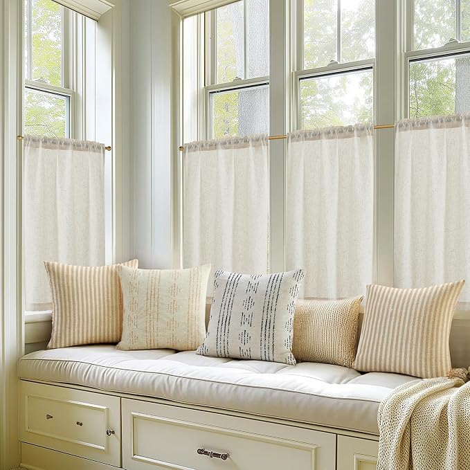 jinchan Beige Rustic Linen Rod Pocket Kitchen Curtains, 26x36, 2 Panels | Light filtering, cafe curtains, machine washable, farmhouse, kitchen, bathrooms, laundry, small window, over sink